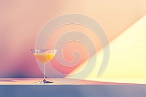 A glass filled with orange juice resting on a wooden table, A minimalist cocktail with clean lines and subtle gradients