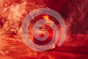 A glass filled with a red liquid placed next to a blazing fire, creating a striking contrast, A bold and daring cocktail with