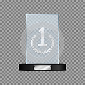 Glass first place award. Realistic mock-up of rectangular winner`s trophy on transparent background. Vector.
