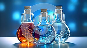 glass flask in chemical science education laboratory with molecular structure in blue background. Generative Ai