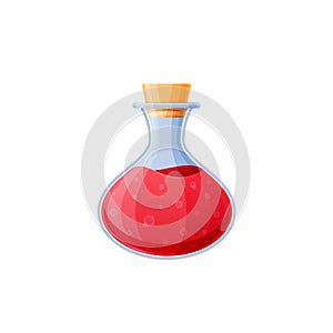 Glass flask with red liquid, magic potion, mixture, elixir.