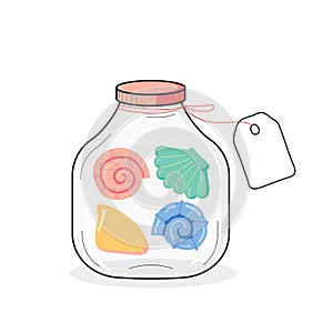 Glass flask with sea shells. Vacation memories. For a gift shop. Vector cartoon close-up. Vector illustration