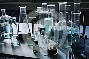 glass flasks, beakers, and test tubes arranged neatly on laboratory table
