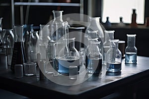 glass flasks, beakers, and test tubes arranged neatly on laboratory table