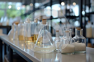 Glass flasks of different shapes on a table in research chemistry science laboratory. Flasks with liquid and bulk