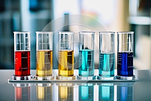 Glass flasks for liquid samples of reagents. Laboratory equipment for dispensing liquid samples. Chemical liquids analysis and