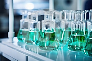 Glass flasks for liquid samples of reagents. Laboratory equipment for dispensing liquid samples. Chemical liquids analysis and