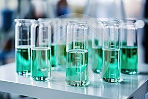 Glass flasks for liquid samples of reagents. Laboratory equipment for dispensing liquid samples. Chemical liquids analysis and