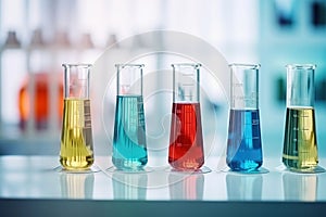Glass flasks for liquid samples of reagents. Laboratory equipment for dispensing liquid samples. Chemical liquids analysis and