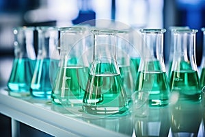 Glass flasks for liquid samples of reagents. Laboratory equipment for dispensing liquid samples. Chemical liquids analysis and