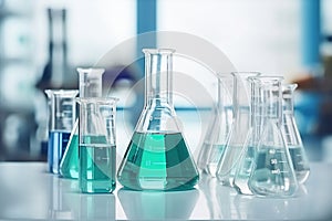 Glass flasks for liquid samples of reagents. Laboratory equipment for dispensing liquid samples. Chemical liquids analysis and