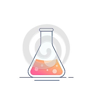 Glass flat-bottomed conical chemical flask with reagent. Modern flat design for chemistry, biotechnology, biology