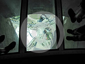 Glass floor in CN Tower, Toronto. Ontario, Canada.