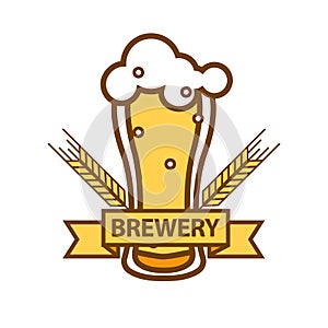 Glass of foamy beer with barley ears flat design isolated