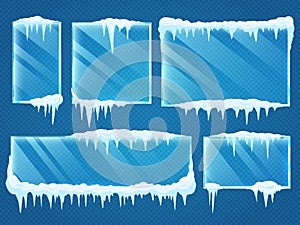 Glass frames with snow caps. Frozen winter window border with ice and frost isolated on transparent background