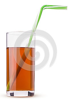 Glass of fresh apple juice with straw green striped