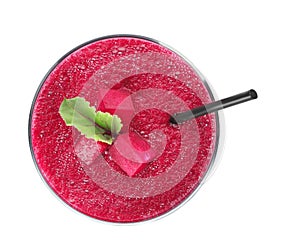 Glass of fresh beet juice on white background