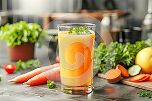 Glass with fresh carrots juice on marble kitchen table with vegetables against blurred interior background