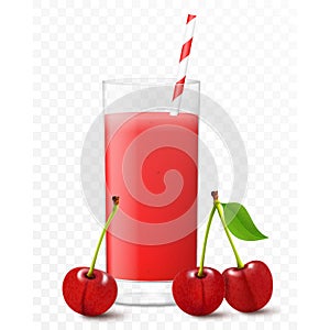 Glass of fresh cherry juice with berries and striped straw for cocktails, isolated on transparent background. Smoothies of red