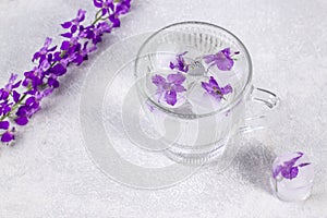 Glass with fresh clear water and ice cubes with purple flowers