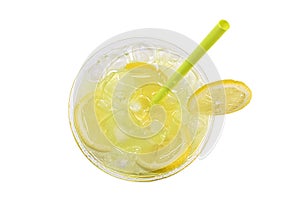 Glass of fresh cocktail lemonade, honey lemon soda drink isolated on white background. Top view