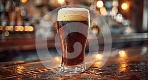 Glass of fresh cold dark stout beer on old bar counter background.Macro.AI Generative