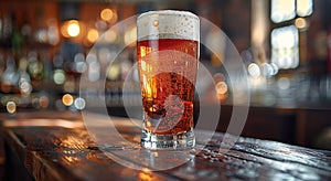 Glass of fresh cold lager craft beer on old bar counter background.Macro.AI Generative