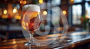 Glass of fresh cold lager craft beer on old bar counter background.Macro.AI Generative