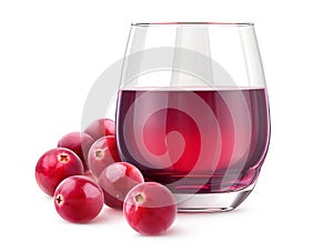 Glass of fresh cranberry drink and berries isolated on white