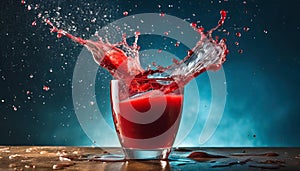 Glass of fresh fruit juice with splashes. Delicious sweet beverage. Tasty red drink. Blue background