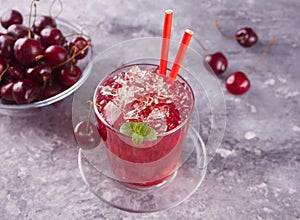 Glass with fresh homemade cherry sweet iced tea or cocktail, lemonade with mint. Refreshing cold drink. Summer party.