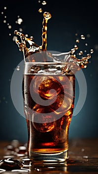 A glass of fresh and ice cold cola soda splashing