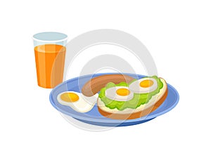 Glass of fresh juice, tasty sandwich, fried egg and sausage on blue plate. Delicious breakfast. Flat vector design