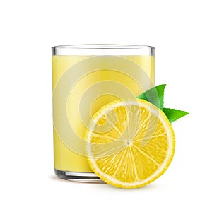 Glass of fresh lemon juice on white background