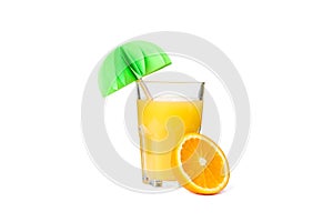 Glass of fresh orange juice with decorative palm and orange isolated on white background