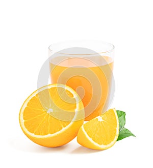 Glass of fresh orange juice with fruits cut in half and sliced with green leaf isolated on white background