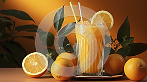 glass of fresh orange juice with fresh fruits on wooden table