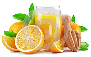 Glass of fresh orange juice and orange fruits isolated on white background