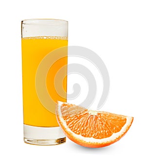 A glass of fresh orange juice and a slice of orange on an isolated white background. Good detail.