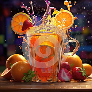 A glass of fresh orange juice with a slice orange and slice strawberries, splash of juice. Generative AI