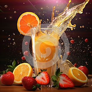 A glass of fresh orange juice with a slice orange and slice strawberries, splash of juice. Generative AI