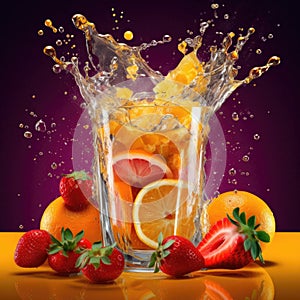 A glass of fresh orange juice with a slice orange and slice strawberries, splash of juice. Generative AI