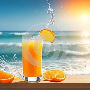 A glass of fresh orange juice to drink, water splashes on table at beach sea as background generates by AI