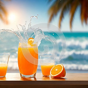 A glass of fresh orange juice to drink, water splashes on table at beach sea as background generates by AI