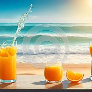 A glass of fresh orange juice to drink, water splashes on table at beach sea as background generates by AI