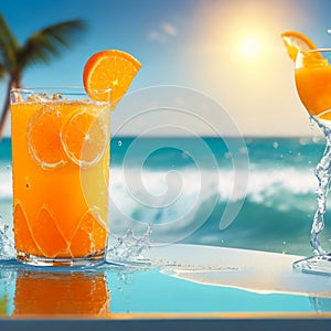 A glass of fresh orange juice to drink, water splashes on table at beach sea as background generates by AI