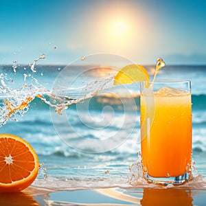 A glass of fresh orange juice to drink, water splashes on table at beach sea as background generates by AI