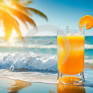 A glass of fresh orange juice to drink, water splashes on table at beach sea as background generates by AI