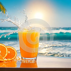 A glass of fresh orange juice to drink, water splashes on table at beach sea as background generates by AI