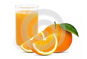 Glass of fresh orange juice with whole and slice of tangerine or mandarin orange fruit on white